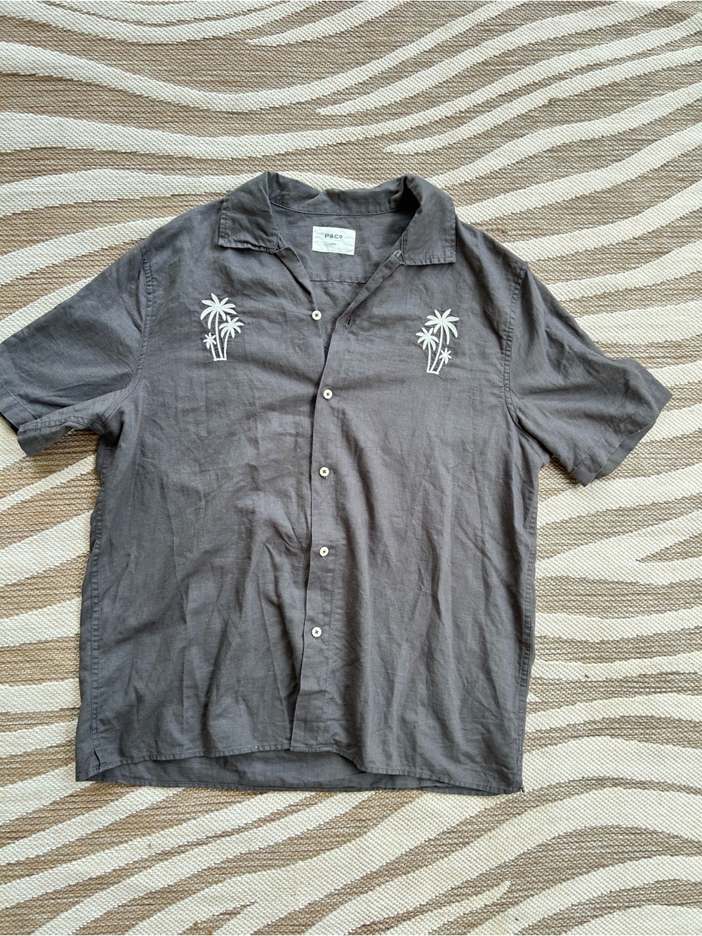 P&Co Men's Short-Sleeve Palm Embroidered Linen Shirt - Charcoal - Large